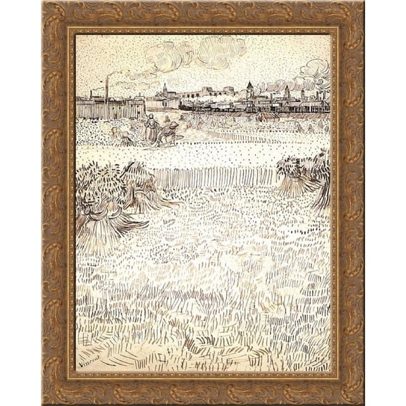 Wheat Field with Sheaves and Arles in the Background 24x20 Gold Ornate Wood Framed Canvas Art by Vincent van Gogh