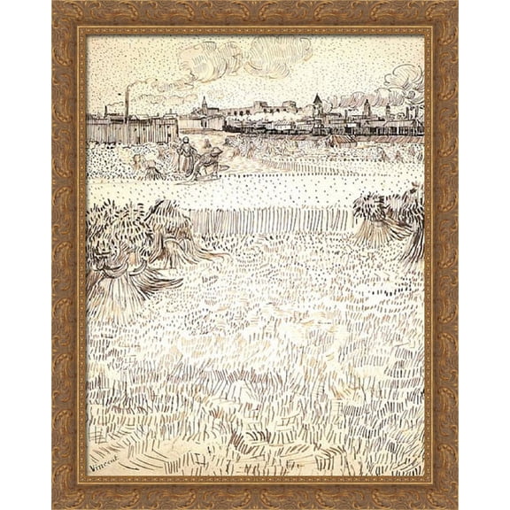 Wheat Field with Sheaves and Arles in the Background 28x36 Large Gold Ornate Wood Framed Canvas Art by Vincent van Gogh