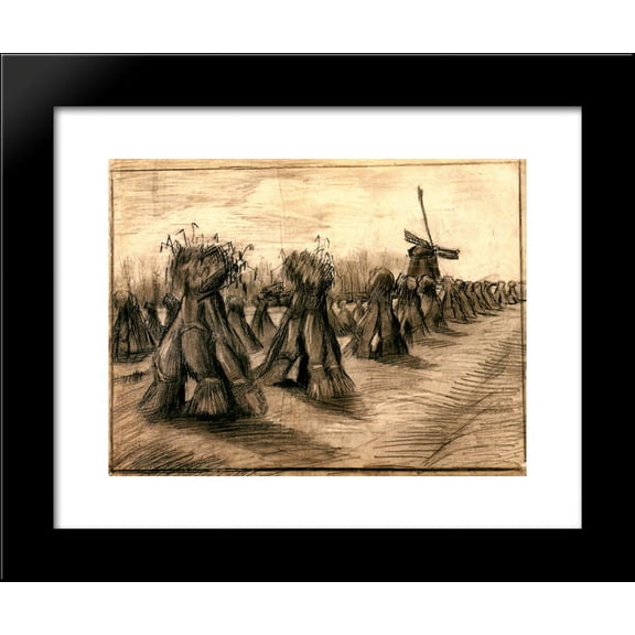 Wheat Field with Sheaves and a Windmill 20x24 Framed Art Print by Vincent van Gogh