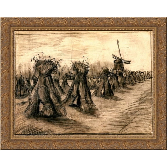 Wheat Field with Sheaves and a Windmill 24x20 Gold Ornate Wood Framed Canvas Art by Vincent van Gogh