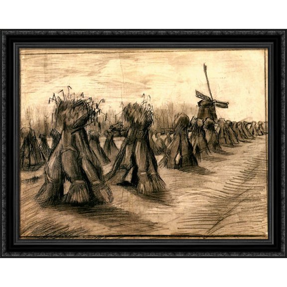 Wheat Field with Sheaves and a Windmill 36x28 Large Black Ornate Wood Framed Canvas Art by Vincent van Gogh