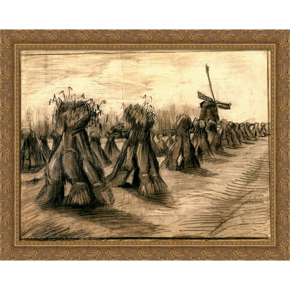 Wheat Field with Sheaves and a Windmill 36x28 Large Gold Ornate Wood Framed Canvas Art by Vincent van Gogh