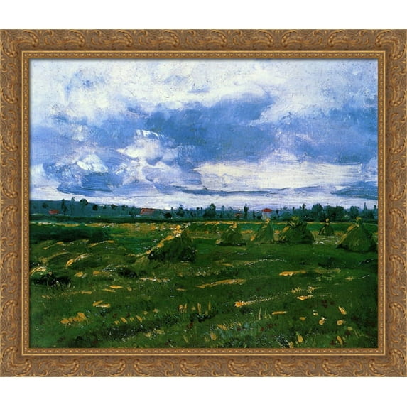 Wheat Fields with Stacks 34x28 Large Gold Ornate Wood Framed Canvas Art by Vincent van Gogh