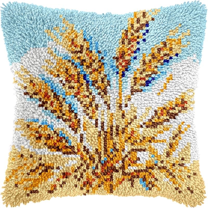 Wheat Latch Hook Pillow Kits Pillow Cover with Pattern Printed Canvas Sofa Hooking Pillowcase Cushion Crafts Embroidery Latch Hooking Crochet Starter Kits 17x17 inch(1)