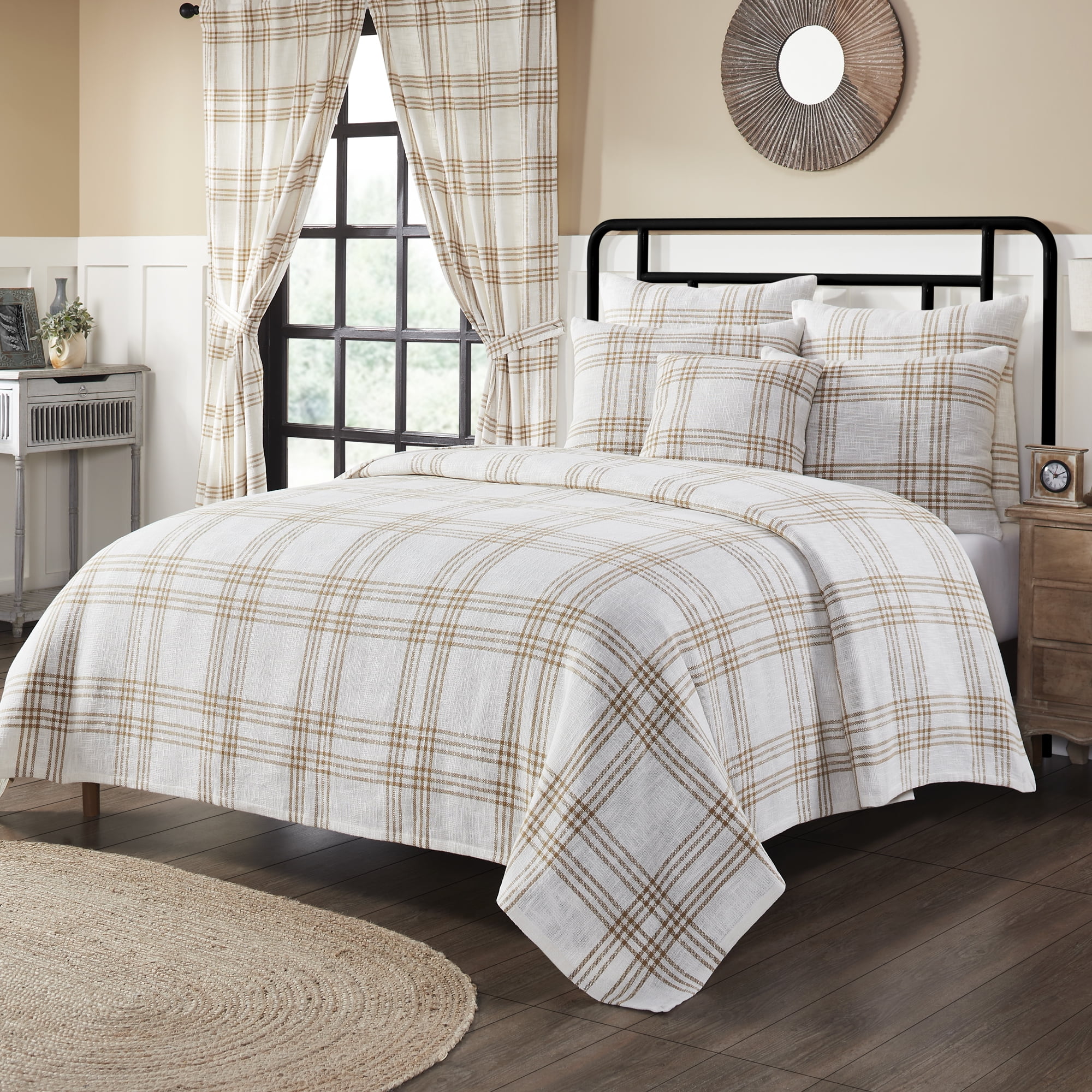 White and Tan Plaid Cotton Twin Duvet
