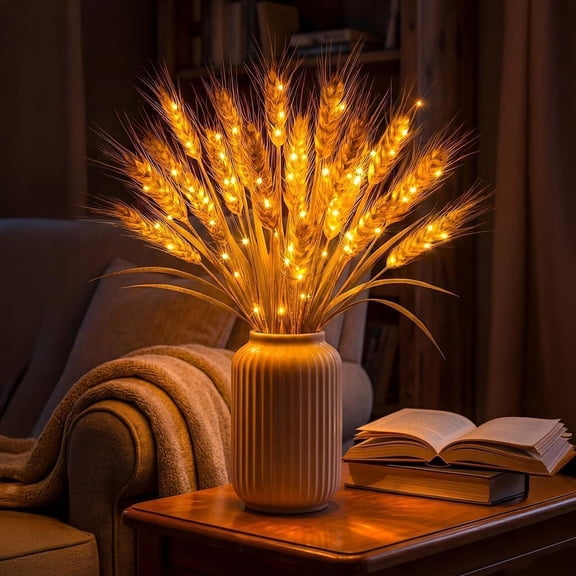 Wheat Stalks Decor Table Lamp, LED Battery Operated Fall Harvest Light for Thanksgiving, Rustic Farmhouse Centerpiece for Home and Wedding, 15-Piece Set