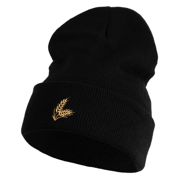 Wheat Stalks Embroidered 12 inch Acrylic Cuff Long Beanie - Black OSFM