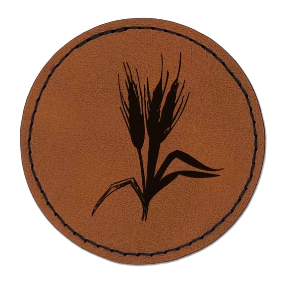 Wheat Stem 2.5" Faux Leather Round Engraved Iron-On Patch - Brown