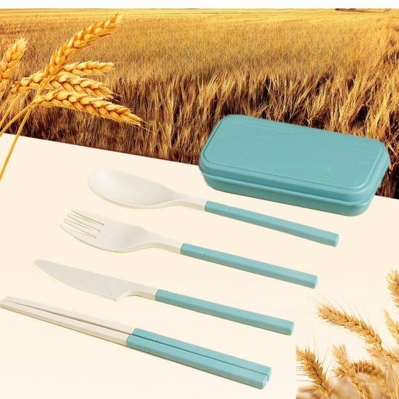 Wheat Straw 4-Piece Travel Utensils Set | Folding Knife Fork Spoon Chopsticks | Portable Case | Reusable Plastic Flatware for Camping Picnic Office