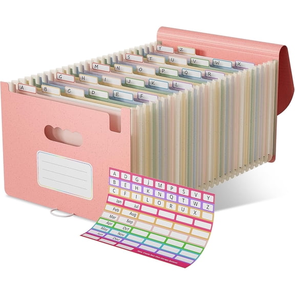 Wheat Straw Accordion File Organizer, 26 Pockets Expanding File Folder, Monthly Bill Receipt Organizer with A-Z Tabs, BPA Free, Letter/A4 - Strawberry Pink