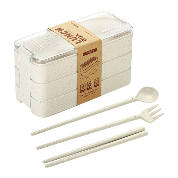 Wheat Straw Bento Box Adult Lunch Box, Stackable 3 Layer Lunch box for Adults Office, Large Capacity Portable Lunch Box Containers with Soup Bowl Spoon and Fork (Beige)