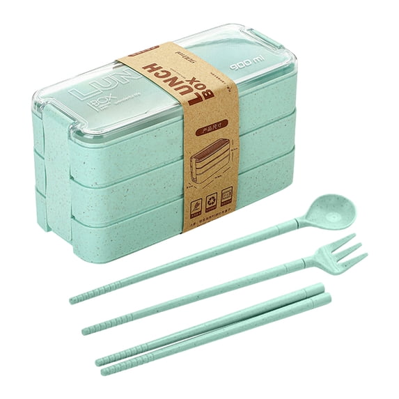 Wheat Straw Bento Box Adult Lunch Box, Stackable 3 Layer Lunch box for Adults Office, Large Capacity Portable Lunch Box Containers with Soup Bowl Spoon and Fork (Green)