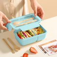 thumbnail image 1 of Wheat Straw Bento Lunch Box | Microwave Safe Stackable Food Container | Leakproof 3 Compartments | Reusable Meal Prep Kit With Utensils | 20.5x12.5x7.5cm | White, Pink, Green | 1 Pack, 1 of 6