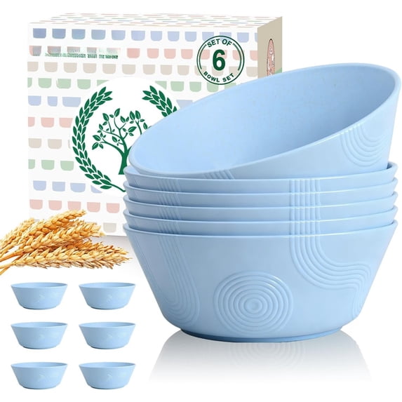 Wheat Straw Bowls 36 Oz Set of 6 - Unbreakable Microwave Safe Soup Bowls & Cereal Bowl, Plastic Bowls for Kitchen, Dining, Camping, Party, Dishwasher Safe Ramen Bowl (Sky Blue)