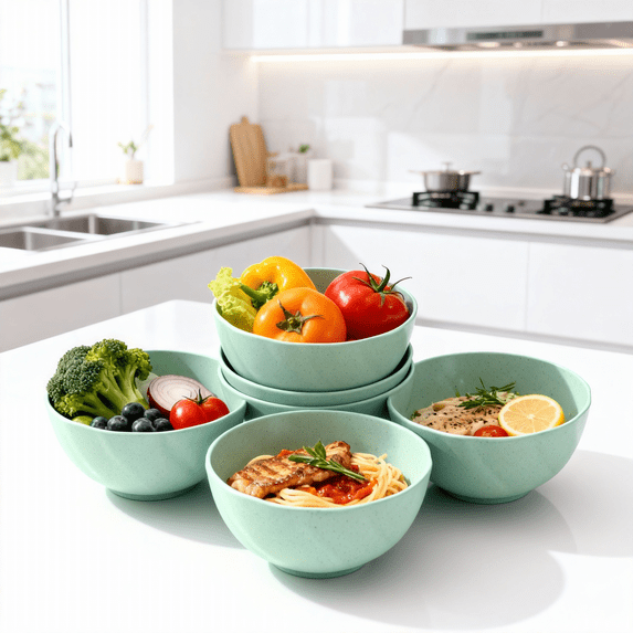 Wheat Straw Bowls Set of 5, Lightweight Serving Bowls for Soup, Salad, Oatmeal Multi Color for Home & Kitchen Small Straw Plastic Bowls Use,Green