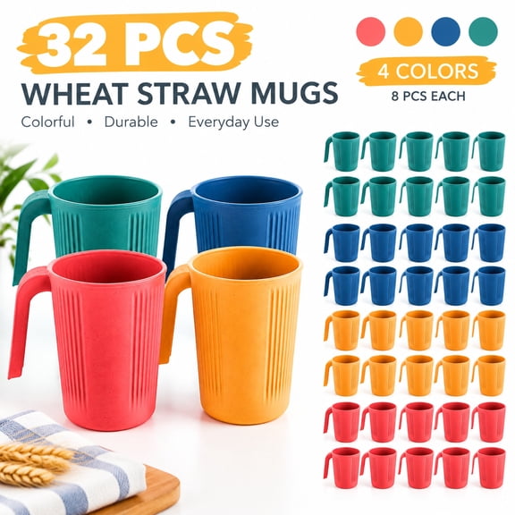 Wheat Straw Coffee Mugs, 32 Pcs Ribbed Drinking Cups with Handles, 11.8 Oz Stackable Tea Mugs for Home, Office, Bathroom, Camping