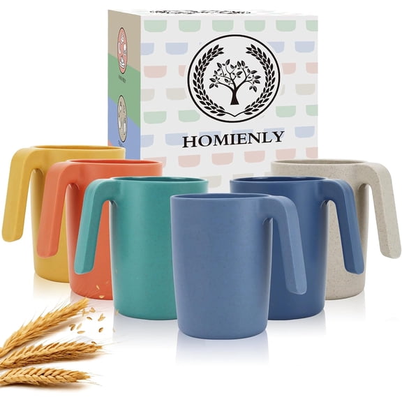Wheat Straw Coffee Mugs, Alternative to Plastic Coffee Cups, Set of 6, Unbreakable Camping Coffee Mugs, 16 OZ Cups for Tea, Coffee, Milk, Dishwasher and Microwave Safe Kids Mug, Multi