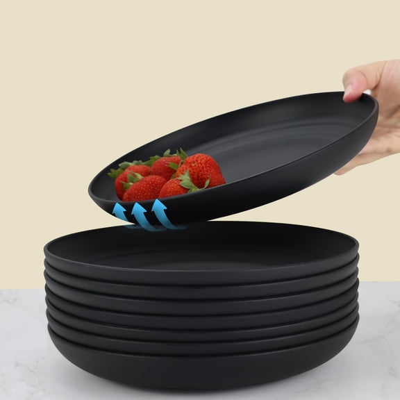 Wheat Straw Dinner Plates - Unbreakable Set of 8 - Dishwasher & Microwave Safe, Deep Edge for Kitchen and Camping (Black)