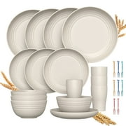 GPED Wheat Straw Dinnerware Sets, 24 Piece Unbreakable Dinnerware Sets, Service for 4 Dishes Sets, Reusable Plates and Bowls Sets, Travel Camping Cutlery Set, Dishwasher Microwave Safe, Beige
