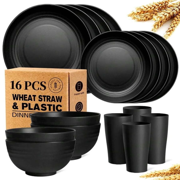 Wheat Straw Dinnerware Set 16-Piece, Plastic Plates and Bowls Sets Service for 4, Unbreakable Kitchen Cutlery Set with Cups, Lightweight Dorm & Camping Dishes, Matte Black