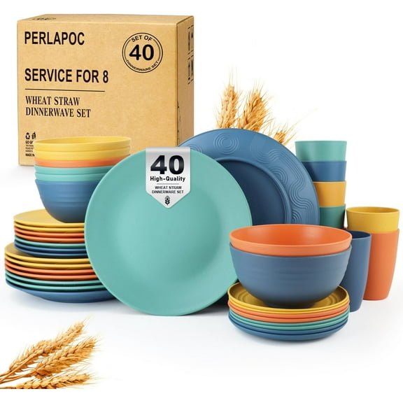 Wheat Straw Dinnerware Set 40 PCS Serves 8, Multicolor Round Plates and Bowls, Dishwasher and Microwave Safe