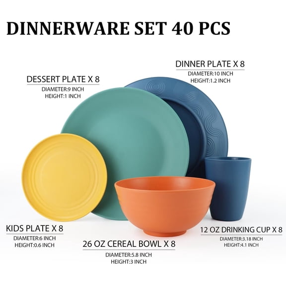 Wheat Straw Dinnerware Set 40 PCS - Service for 8 | Plates and Bowls with Cups | Dishwasher Safe Multi Color