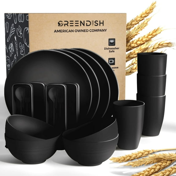 Wheat Straw Dinnerware Set - Cups, Plates and Bowls Sets for 4 with Reusable Cutlery Utensils - Unbreakable Wheatstraw Plastic Dinnerware Set with Fork Spoon Knife - Dishwasher Safe Camping Dishes Set