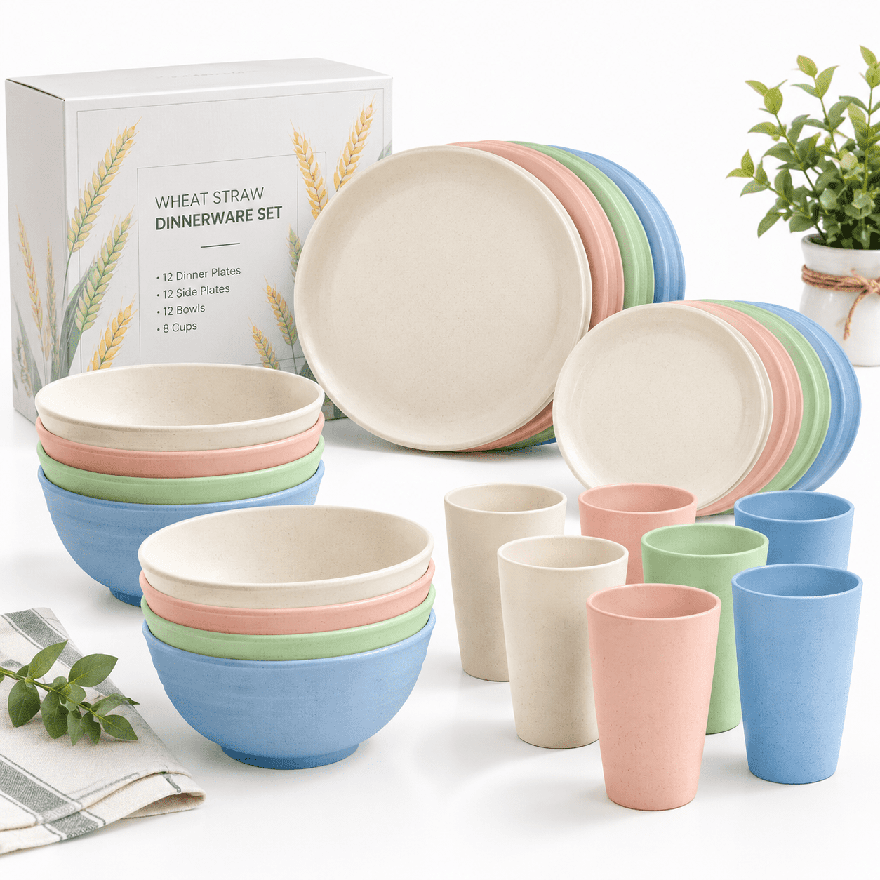 Main Course Dinner Set Wheat Straw Dinnerware Set, Nordic Series, 40 Pack for 8, Unbreakable ...
