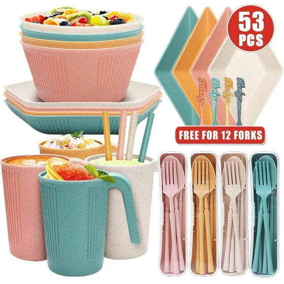53pcs  Wheat Straw Dinnerware Set, Portable Bowls, Cups, Plates with Sauce Dish and Salad Bowl, Creative Vertical Stripe Camping Tableware