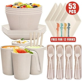 53pcs Wheat Straw Dinnerware Set, Portable Bowls, Cups, Plates with Sauce Dish and Salad Bowl, Creative Vertical Stripe Camping Tableware