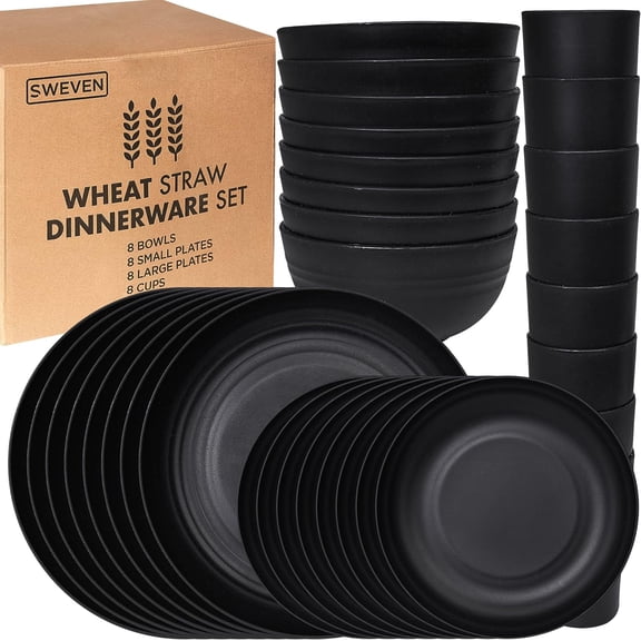 Wheat Straw Dinnerware Set Service for 8 (32 pcs) Black