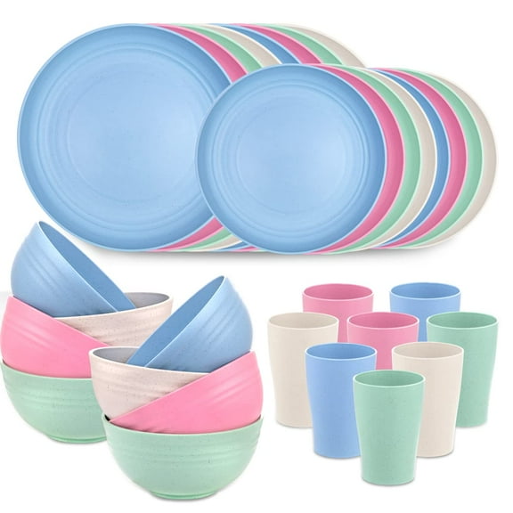 LVL Wheat Straw Dinnerware, Microwave Dishwasher Safe, Unbreakable Light Weight Plates Service For 8, Reusable Tableware Set, Multicolor Set 16pcs Plates, 8pcs Bowls, 8pcs Cups- Multi Color