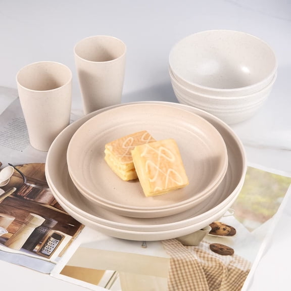 Wheat Straw Dinnerware Set for 8, 32-Piece Lightweight Plates Bowls Cups Dishwasher Safe Reusable Plastic Tableware