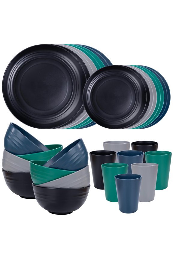 LVL Wheat Straw Dinnerware, Microwave Dishwasher Safe, Unbreakable Light Weight Plates Service For 8, Reusable Tableware Set, Multicolor Set 16pcs Plates, 8pcs Bowls, 8pcs Cups- Black