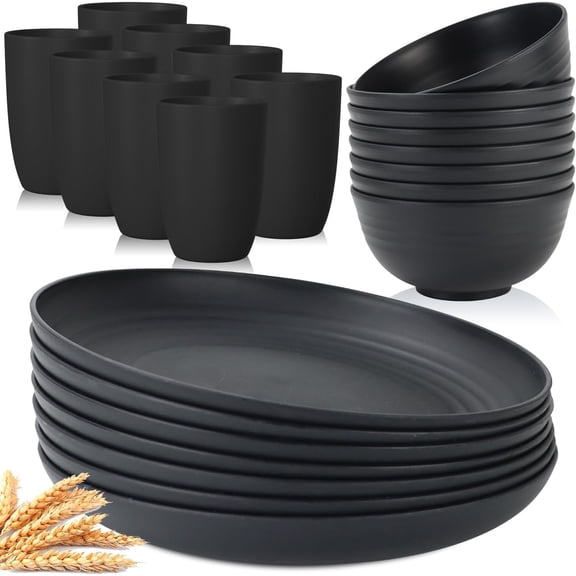 Wheat Straw Dinnerware Set of 24 Service for 8 Plates and Bowls Sets Unbreakable Drinking Cup Lightweight Dinnerware Set for Kitchen (Black)