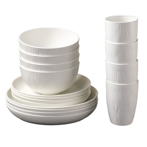 Wheat Straw Dinnerware Sets, 16-Piece Lightweight Plastic Dinnerware Set with 8.9 Inch Unbreakable Plates, Bowl Set and Cup Set, BPA free, Dishwasher & Microwave Safe, Service for 4 - White