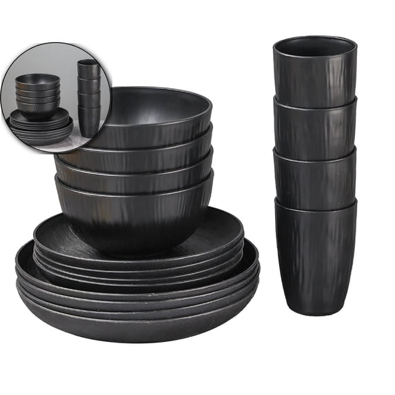 Wheat Straw Dinnerware Sets, 16-Piece Lightweight Plastic Dinnerware Set with Unbreakable Plates, Bowl Set and Cup Set, Dishwasher & Microwave Safe