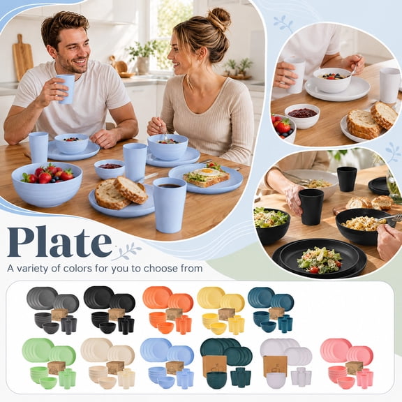 Wheat Straw Dinnerware Sets, 16 Piece Yellow Plastic Dinnerware Set with Dinner Plates, Plastic Bowls, Reusable Plastic Cups, Plates and Bowls Set for Kitchen Camping Picnic Daily
