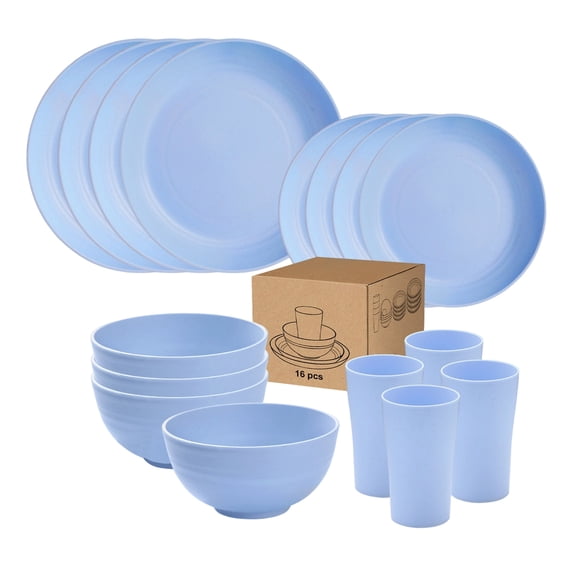 Wheat Straw Dinnerware Sets, 16PCS Plastic Dinnerware Set for 4, Wheat Straw Plates and Bowls Sets, Unbreakable Dinnerware Plastic Microwave Safe Dishes Set for Kitchen&Camping