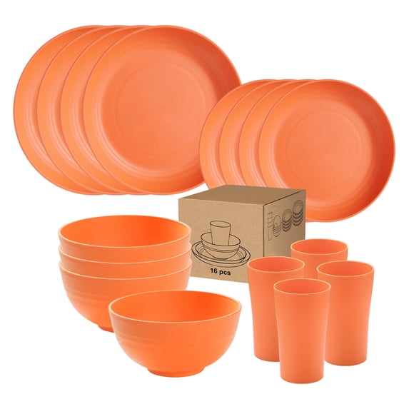 Wheat Straw Dinnerware Sets, 16PCS Plastic Dinnerware Set for 4, Wheat Straw Plates and Bowls Sets, Unbreakable Dinnerware Plastic Microwave Safe Dishes Set for Kitchen&Camping