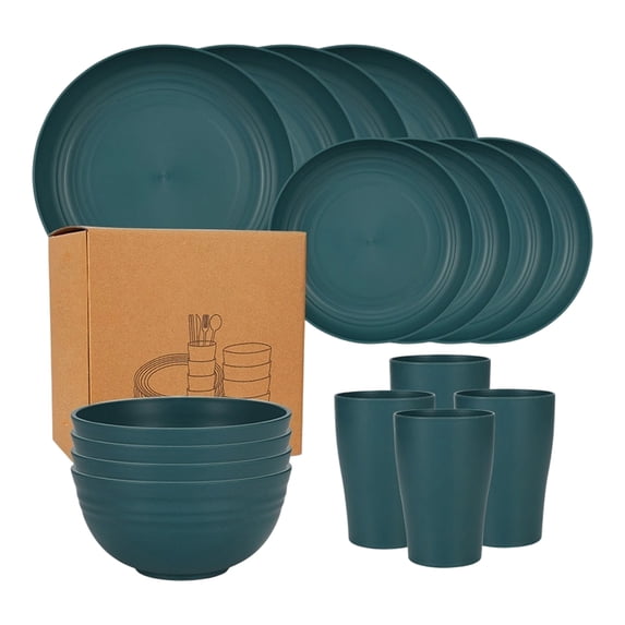 Wheat Straw Dinnerware Sets, 16PCS Plastic Dinnerware Set for 4, Wheat Straw Plates and Bowls Sets, Unbreakable Dinnerware Plastic Microwave Safe Dishes Set for Kitchen&Camping
