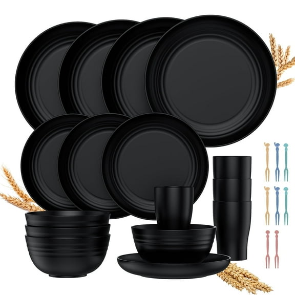 GPED Wheat Straw Dinnerware Sets, 24 Piece Unbreakable Dinnerware Sets, Service for 4 Dishes Sets, Reusable Plates and Bowls Sets, Travel Camping Cutlery Set, Dishwasher Microwave Safe, Black