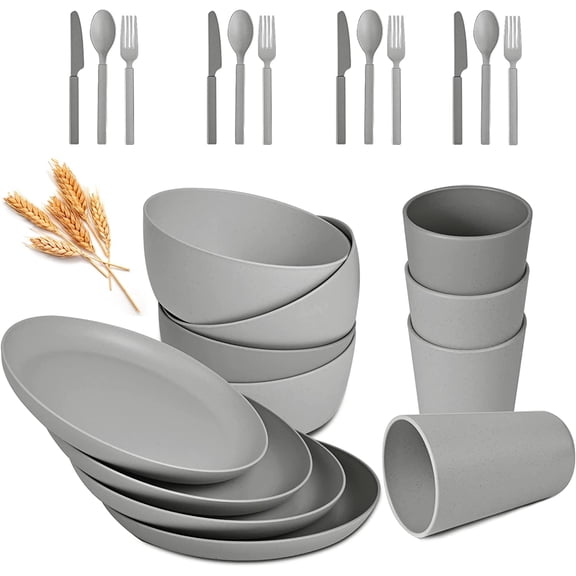 Wheat Straw Dinnerware Sets - 24 pcs Lightweight Bowls Unbreakable Dish Set Dishwasher Microwave Safe Wheat Straw Cups Cutlery Plates and Bowls Set for 4 Suitable for Camping Party Grill（Grey）