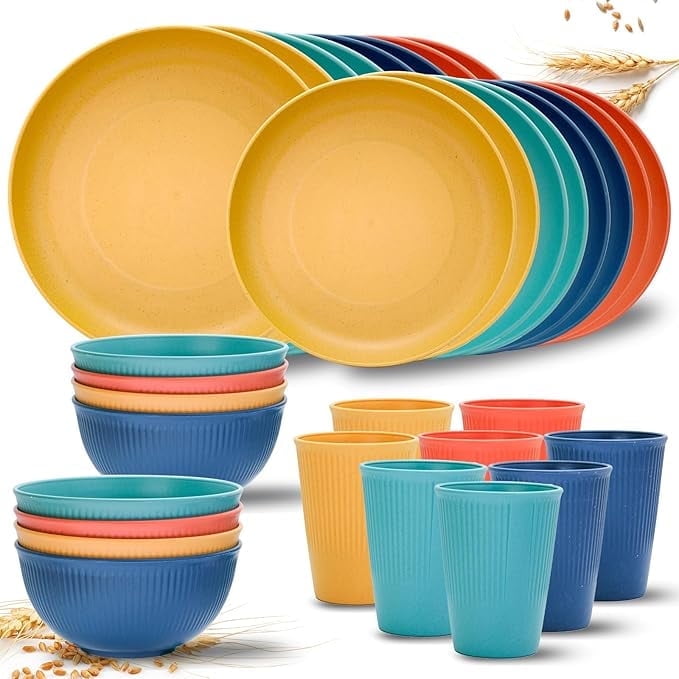 Wheat Straw Dinnerware Sets, 32 Pcs Unbreakable Dinnerware Sets for 8, Kitchen Plates and Bowls Set, Microwave Dishwasher Safe, Colorful