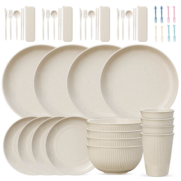 TINANA Wheat Straw Dinnerware Set, Service for 4, 48 PCS Unbreakable Plastic Plates and Bowls Sets, Dishwasher Microwave Safe, Beige