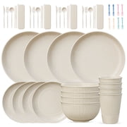 TINANA Wheat Straw Dinnerware Set, Service for 4, 48 PCS Unbreakable Plastic Plates and Bowls Sets, Dishwasher Microwave Safe, Beige