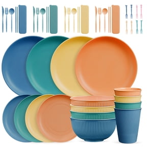 TINANA Wheat Straw Dinnerware Set, Service for 4, 48 PCS Unbreakable Plastic Plates and Bowls Sets, Dishwasher Microwave Safe, Multi Color