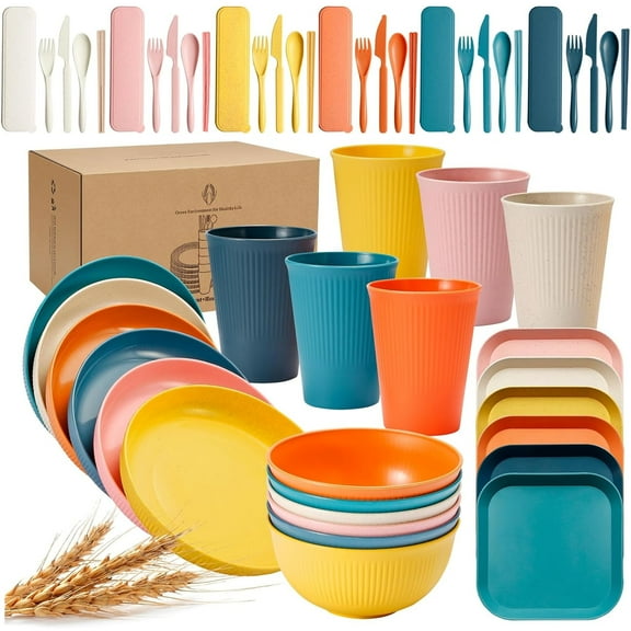 Wheat Straw Dinnerware Sets, 54 Pieces Unbreakable Dinnerware Sets for 6 People, Reusable Wheat Straw Plates and Bowls Sets, Lightweight Travel Picnic Home Party Camping Cutlery Set