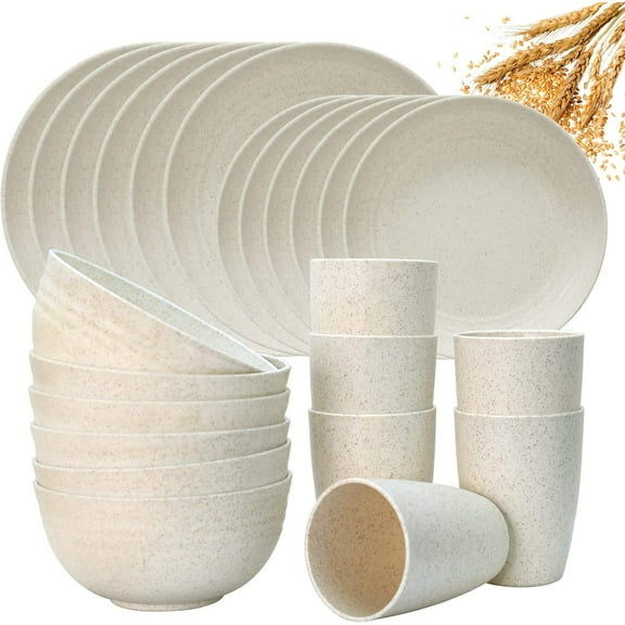 Wheat Straw Dinnerware Sets for 6, YYJP 24PCS Lightweight Unbreakable Plastic Plates Bowls Cups Sets, Dishwasher Microwave Safe Dishes Set for Camping, RV, Picnic, Kitchen, Great for Kids & Adults