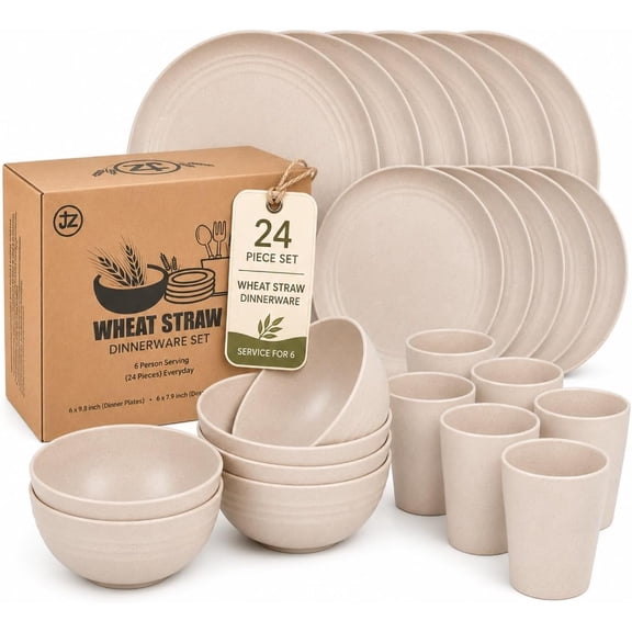 Wheat Straw Dinnerware Sets for 6, YYJP 24PCS Lightweight Unbreakable Plastic Plates Bowls Cups Sets, Dishwasher Microwave Safe Dishes Set for Camping, RV, Picnic, Kitchen, Great for Kids & Adults